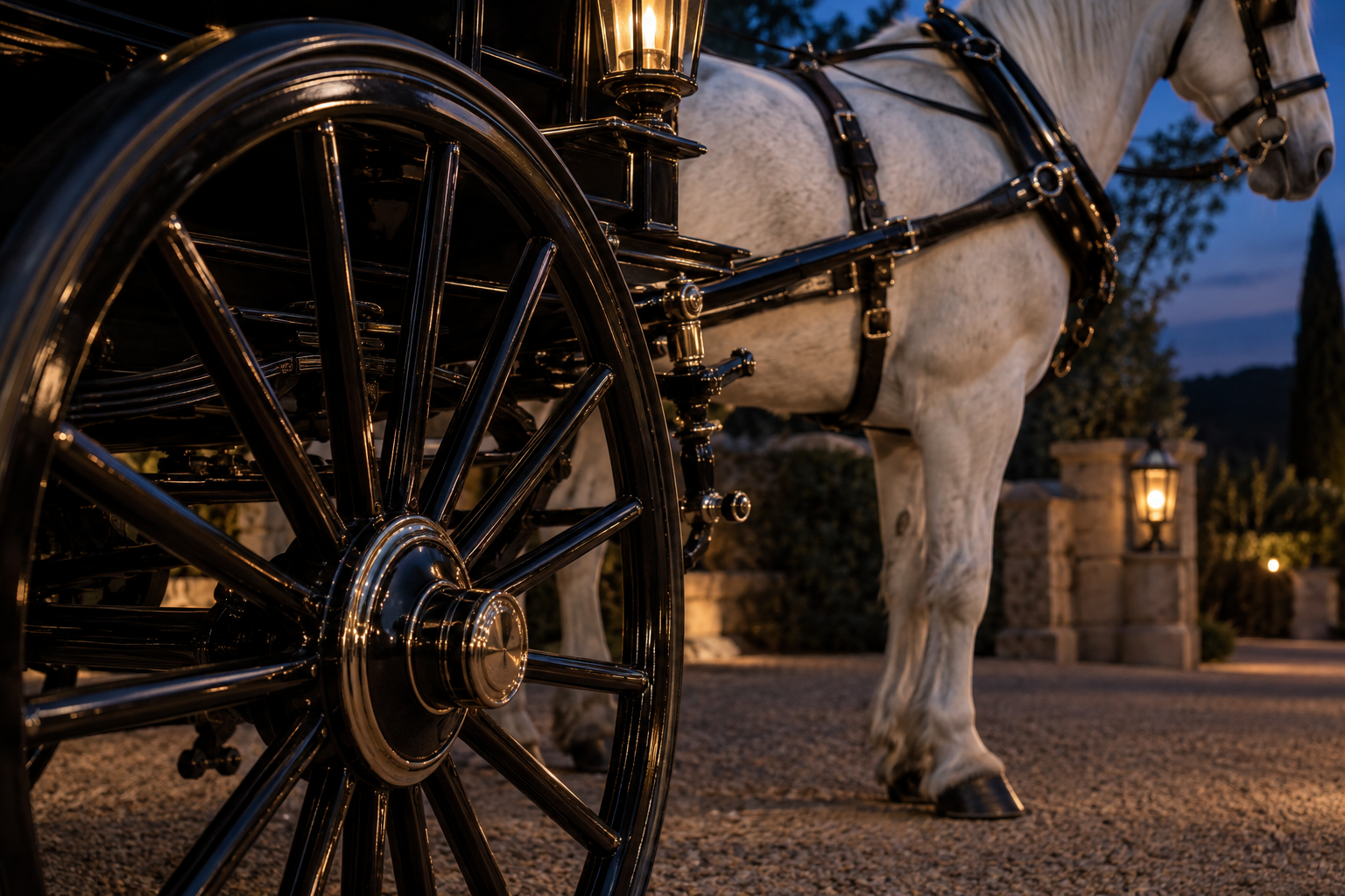 Detail of a black horse-drawn carriage and white horse at dusk
