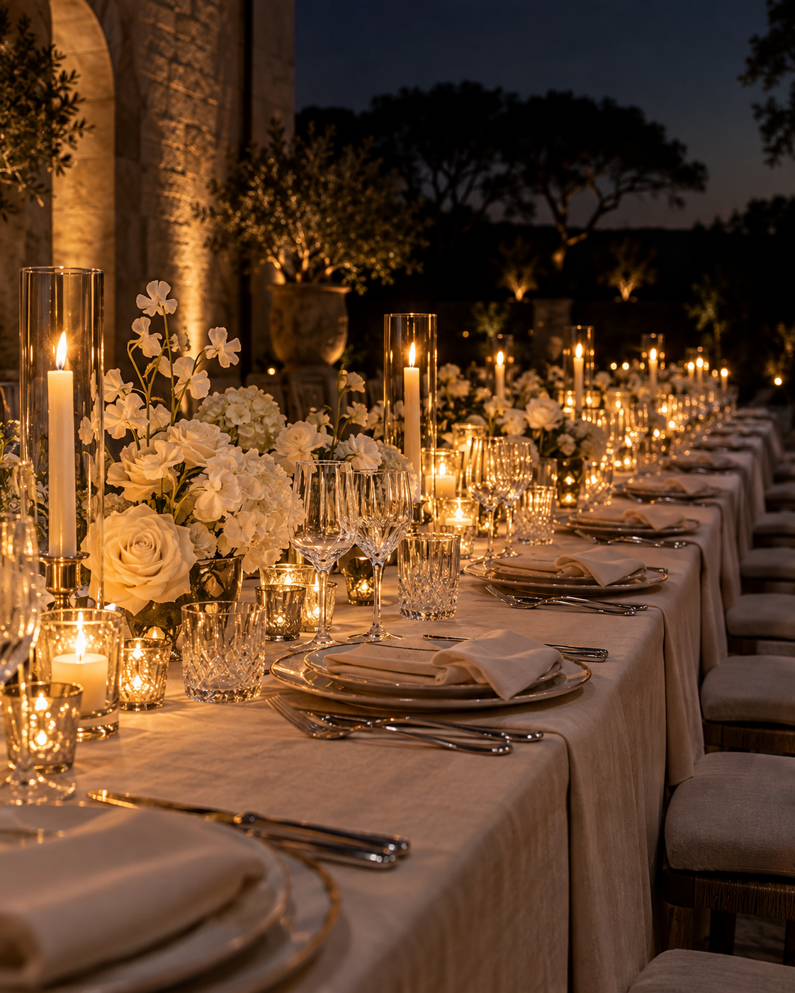 Candlelit wedding table with ivory flowers and crystal glassware